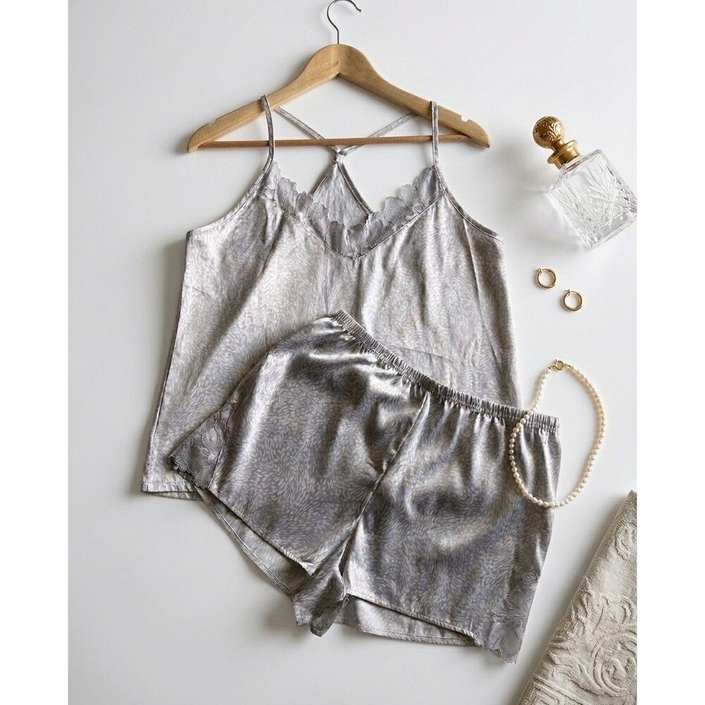 BCBGMAXAZRIA Satin Cami Shorts Pajama Set M Grey Animal Print Lace Trim